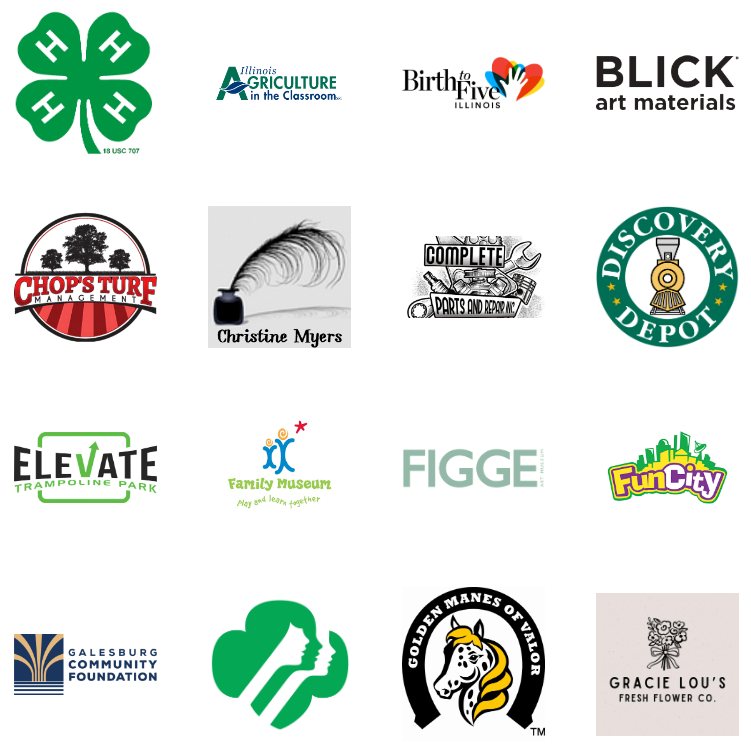 A grid of logos including 4H Club, Agriculture in the Classroom, Birth to 5 Illinois, Blick Art Material, CHop's Turf, Christine Myers, Complete Parts and Repair Inc, Discovery Depot, Elevate Trampoline Park, Family Museum Bettendorf, Figge Museum, FunCity, Galesburg Community Foundation, Girl Scouts, Golden Manes of Valor, and Gracie Lou's Fresh Flower Co.,