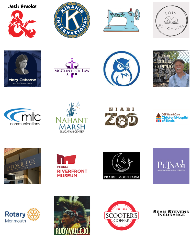 A grid of logos including: Josh Brooks, Kiwanis Monmouth, Little Wren's Shop, Lois Brechbiel, Mary Osborne, McClintock Law, Midwest Bank, Mike Matjeka, MTC Communications, Nahant Marsh, Niabi Zoo, OSF Children's Hospital, Patton Block, Peoria Riverfront Museum, Prairie Moon Farms, Putnam Museum and Science Center, Rotary Monmouth, Rudy Vallejo, Scooter's Coffee,  and Sean Stevens Insurance.
