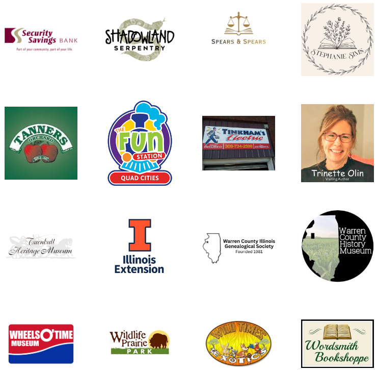 Grid of logos including  Security Savings Bank, Shadowland Serpentry, Spears and Spears, Stephanie Sims, Tanner's Orchard, The Fun Station Quad Cities, Tinkham Electric, Trinette Olin, Turnbull Heritage Museum, University of Illinois Extension Services, Warren County Genealogical Society, Warren County History Museum, Wheels O'Time, Wild Times Exotics, Wordsmith Bookshoppe
