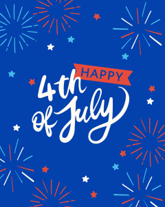 Happy 4th of July on a blue background surrounded by red white and blue stars and fireworks.