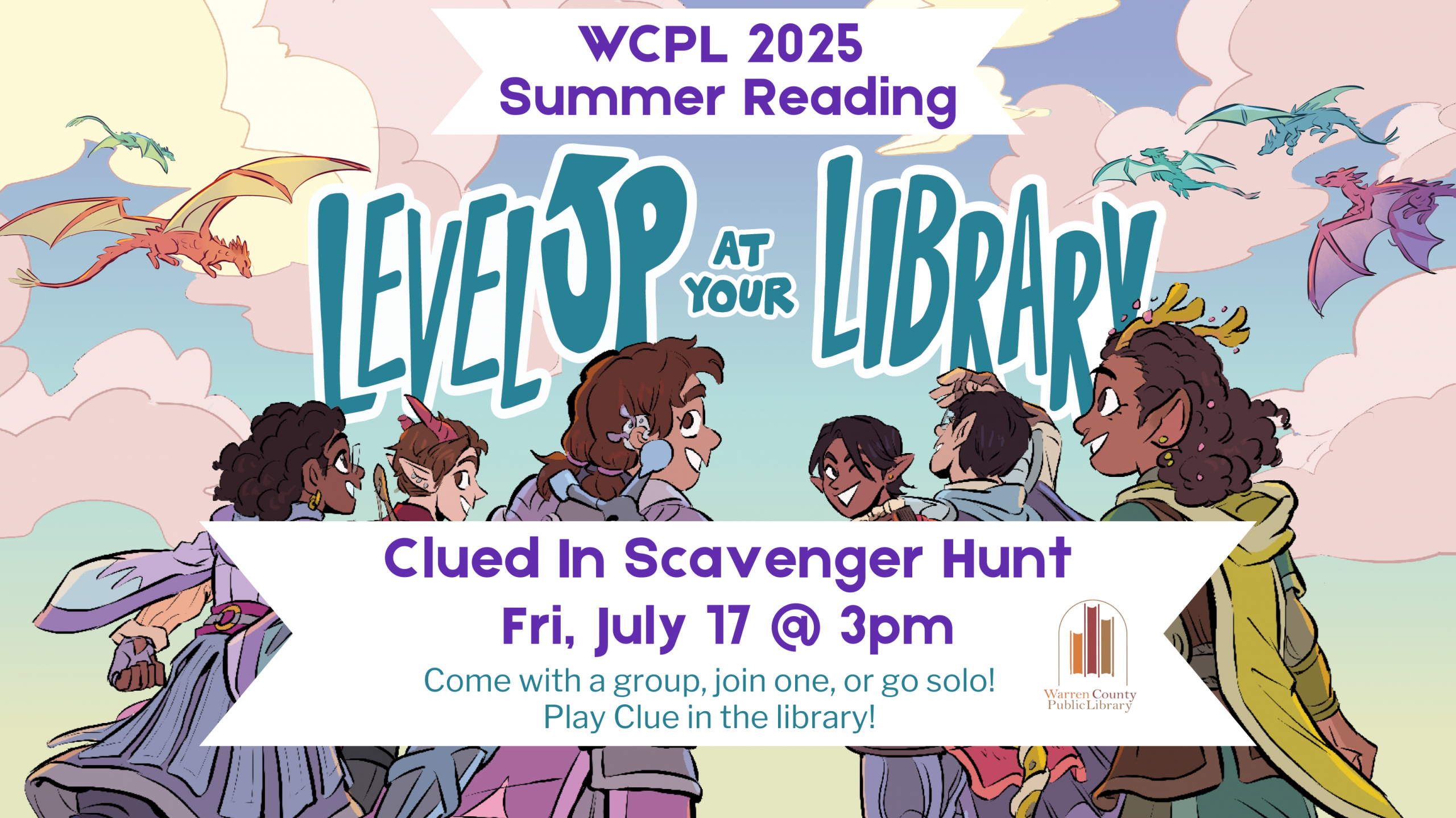 WCPL 2025 Summer Reading Clued In Scavenger Hunt Fri, July 17 at 3pm Come with a group, join one, or go solo! Play Clue in the library!