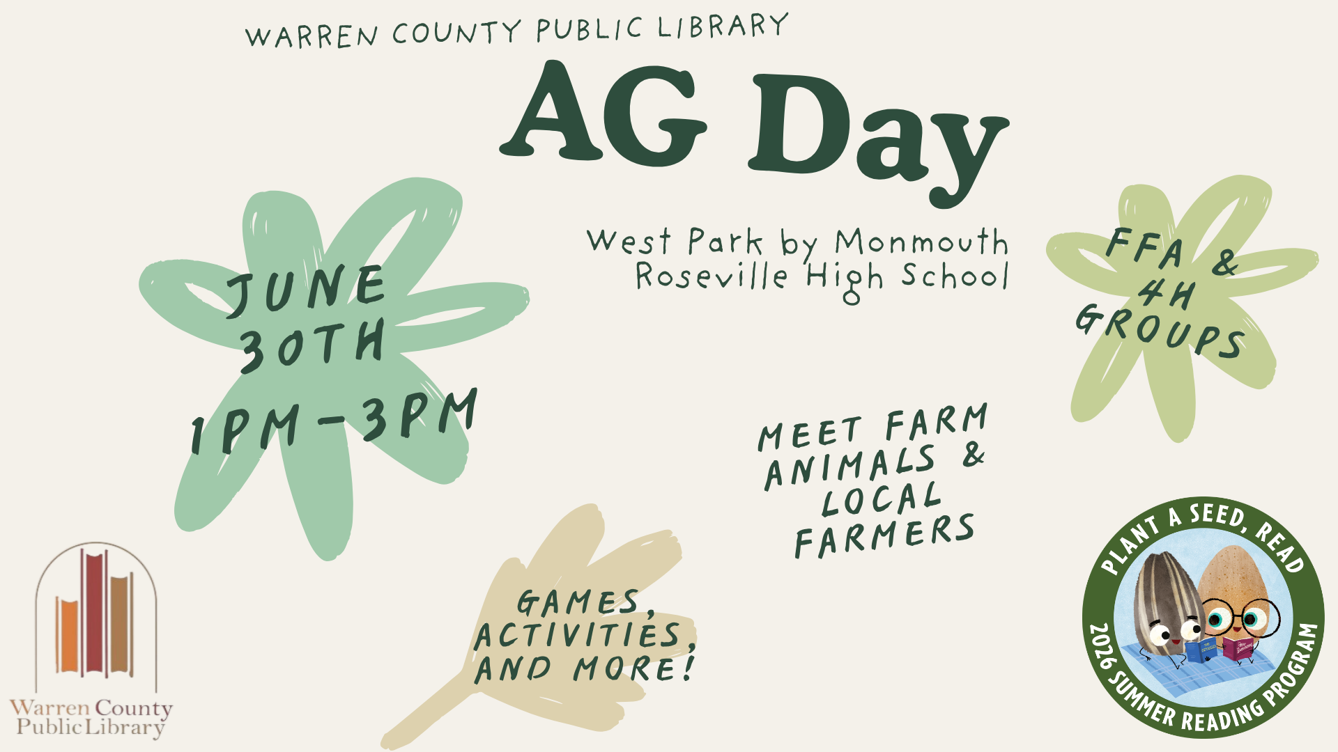 Warren County Public Library Ag Day at West Park by Monmouth Roseville High School. June 30th from 1 to 3pm. Meet farm animals and local farmers. FFA and 4-H groups. Games, activities, and more!