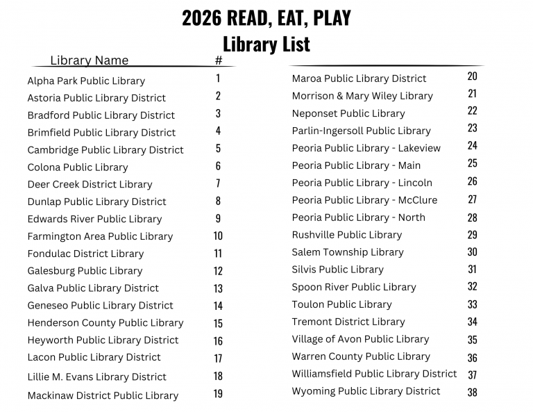 2026 Read, Eat, Play Library List
Library Name and number
Alpha Park Public Library 1
Astoria Public Library District 2
Bradford Public Library District 3
Brimfield Public Library District 4
Cambridge Public Library District 5
Colona Public Library 6
Deer Creek District Library 7
Dunlap Public Library District 8
Edwards River Public Library 9
Farmington Area Public Library 10
Fondulac District Library 11
Galesburg Public Library 12
Galva Public Library District 13
Geneseo Public Library District 14
Henderson County Public Library 15
Heyworth Public Library District 16
Lacon Public Library District 17
Lillie M. Evans Library District 18
Mackinaw District Public Library 19
Maroa Public Library District 20
Morrison and Mary Wiley Library 21
Neponset Public Library 22
Parlin-Ingersoll Public Library 23
Peoria Public Library Lakeview 24
Peoria Public Library Main 25
Peoria Public Library Lincoln 26
Peoria Public Library McClure 27
Peoria Public Library North 28
Rushville Public Library 29
Salem Township Library 30
Silvis Public Library 31
Spoon River Public Library 32
Toulon Public Library 33
Tremont District Library 34
Village of Avon Public Library 35
Warren County Public Library 36
Williamsfield Public Library District 37
Wyoming Public Library District 38