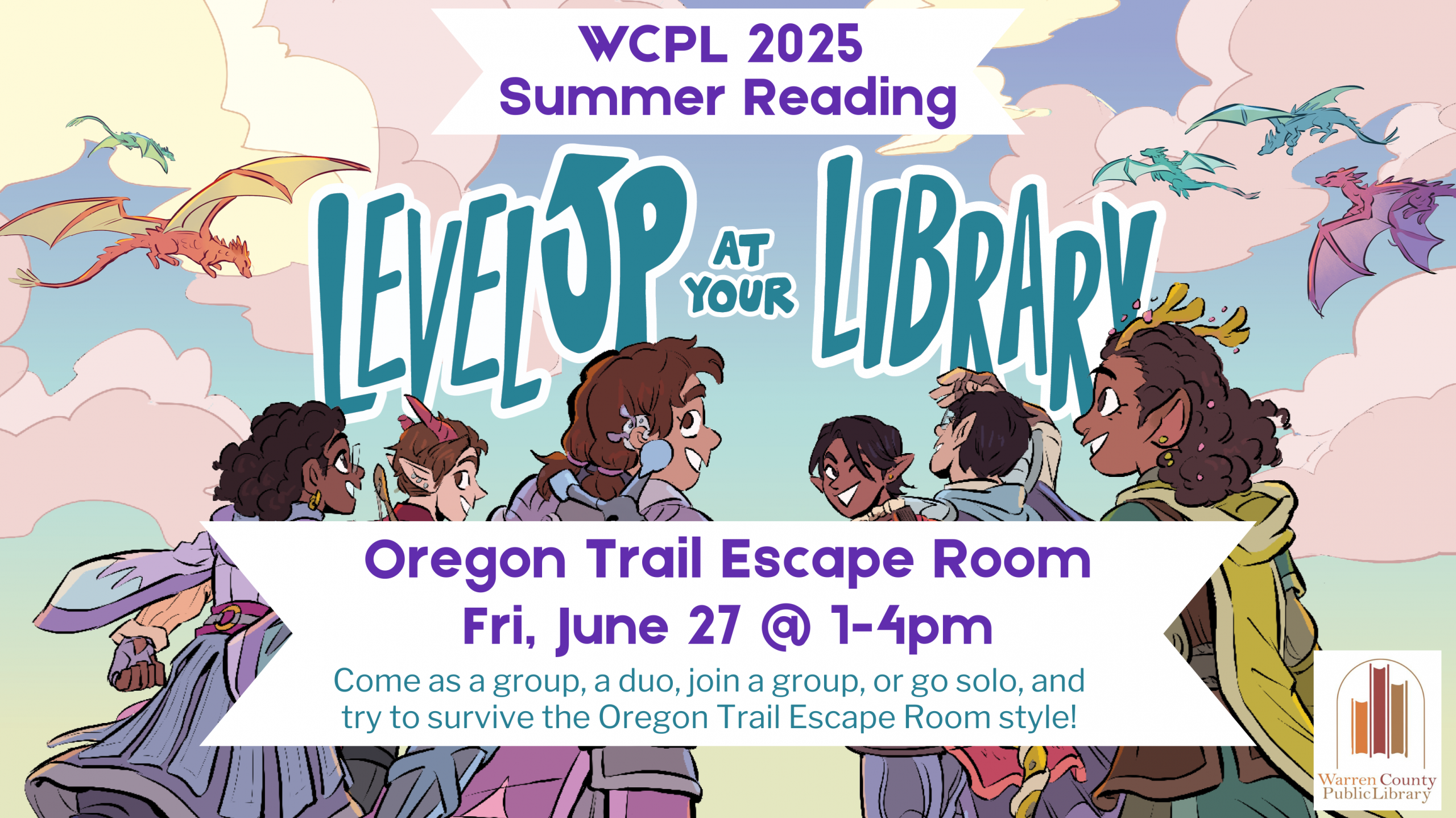 WCPL 2025 Summer Reading Oregon Trail Escape Room Fri, June 27 at 1-4pm Come as a group, a duo, join a group, or go solo, and try to survive the Oregon Trail, escape room style!