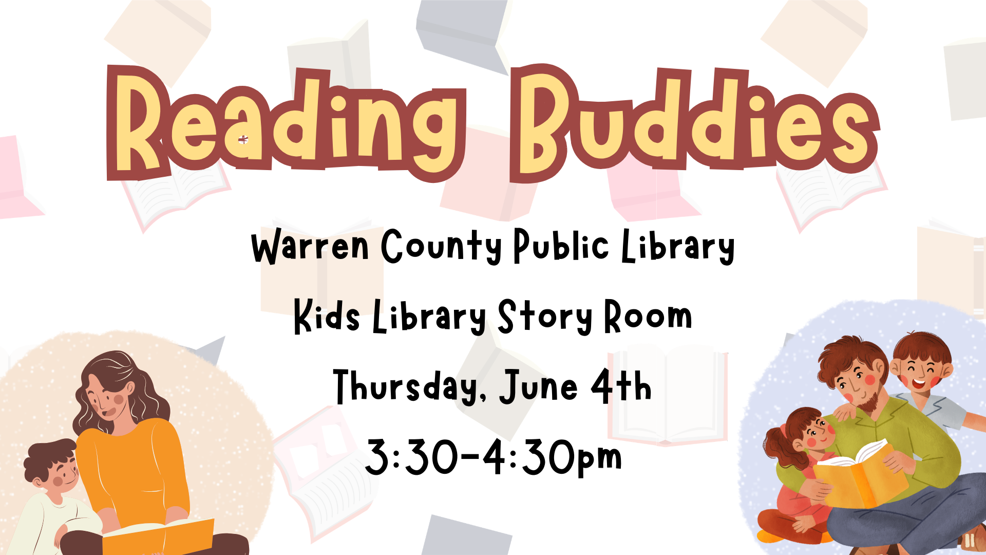Reading Buddies at the Warren County Public Library in the Kids Library Story Room on Thursday, June 4th from 3:30 to 4:30pm