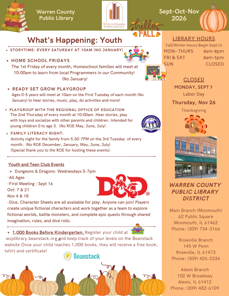 Warren County Public Library Newsletter, September, October, and November 2026. What's happening for Youth: Storytime every Saturday at 10am, no January. Home school Fridays: The 1st Friday of every month, Homeschool families will meet at 10am to learn from local programmers in our community! No January. Ready Set Grow Playgroup for ages 0 through 5 to meet at 10am on the first Tuesday of each month, no January, to hear stories, music, play, do activities and more! Playgroup with the Regional Office of Education (ROE): The second Tuesday of every month at 10am; hear stories, play with toys, and socialize with other parents and children; intended for young children 0 through 3. No ROE in May, Juny, or July. Family literacy night: Activity night for the family from 5:30 to 7pm on the third Tuesday of every month. No ROE in December, January, May, June or July. Special Thank you to the ROE for hosting these events. 
Youth and Teen Club events: Dungeons and Dragons on Wednesdays from 5 to 7pm. All ages first meeting: September 16th, October 7th and 21st, November 4th and 18th. Dice and character sheets are all available to play. Anyone can join! Players create unique fictional characters and work together as a team to explore fictional worlds, battle monsters, and compare epic quests through shared imagination, rules, and dice rolls.
A Thousand Books Before Kindergarten: Register your child at wcplibrary.beanstack.org and keep track of your levels on the Beanstack website. Once your child reaches 1,000 books, they will receive a free book, tshirt and certificate!
In a panel on the right hand side of the page: Library hours, Fall/Winter hours begin September 15th. Monday through Thursday, open from 8am to 8pm. Friday and Saturday, open from 8am to 5pm. Sunday, we are closed. Holiday closings include Monday, September 7 for Labor Day, and Thursday, November 16 for Thanksgiving. Warren County Public Library District: Main Branch in Monmouth, 62 Public Square, Monmouth, Illinois 61462; phone: (309) 734-3166. Roseville Branch, 145 West Penn, Roseville, Illinois 61473; phone (309) 426-2336. Alexis Branch, 102 West Broadway, Alexis, Illinois, 61412; phone (309) 482-6109.